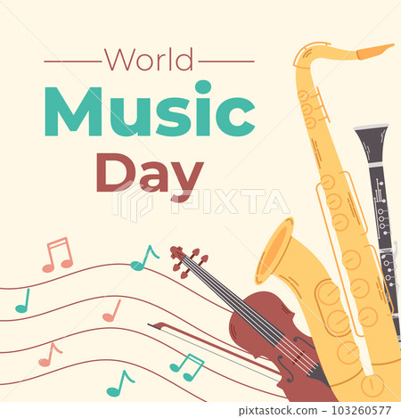 Colorful template with musical instruments for world music day. Square banner for event. Flat vector illustration. 103260577