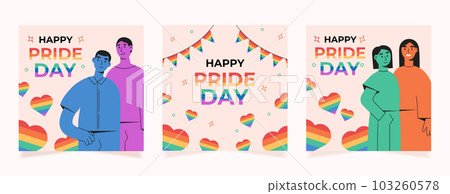 Set of square backgrounds for Pride Day. Colorful abstract couple of LGBT men hugging. Couple of lgbt women. 103260578