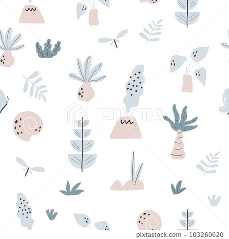 Prehistoric mountains, volcanos, fern, ammonites vector seamless pattern. Hand drawn tropical, jungle backdrop. 103260620