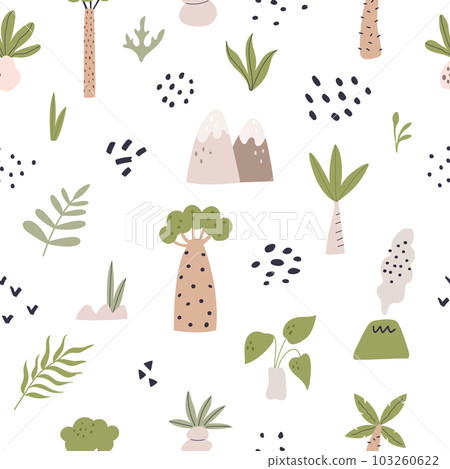 Prehistoric mountains, volcanos, fern vector seamless pattern. Hand drawn tropical, jungle backdrop. 103260622