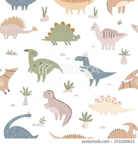 Hand drawn seamless pattern with cute and funny dinosaurs Hand drawn seamless pattern with cute and funny dinosaurs 103260623