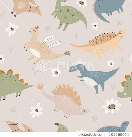 Hand drawn seamless pattern with cute and funny dinosaurs 103260624