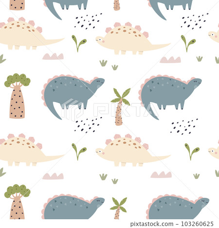 Hand drawn seamless pattern with cute and funny dinosaurs 103260625