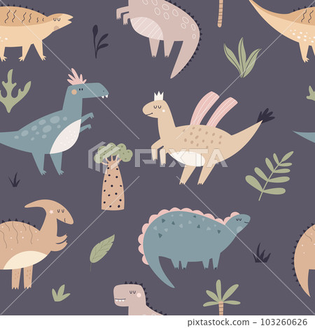 Hand drawn seamless pattern with cute and funny dinosaurs 103260626