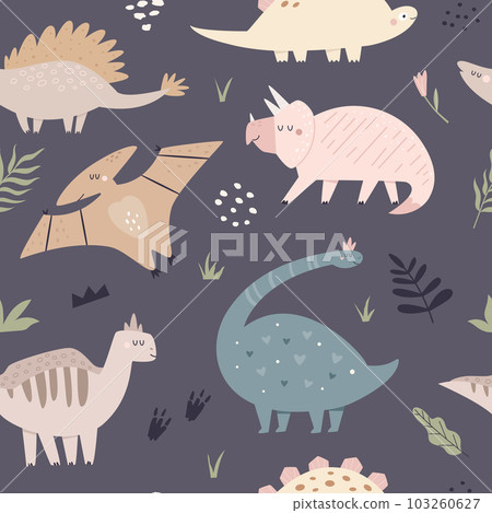 Hand drawn seamless pattern with cute and funny dinosaurs 103260627