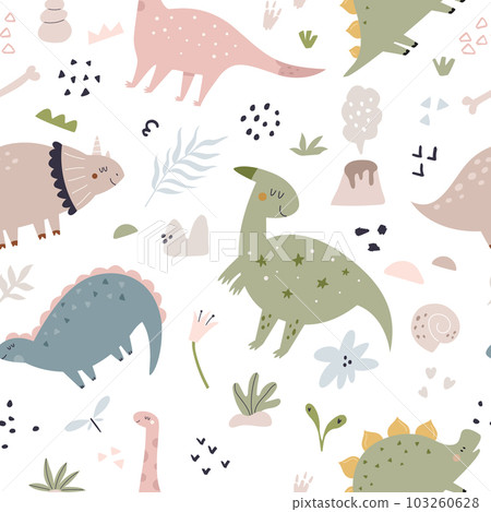 Hand drawn seamless pattern with cute and funny dinosaurs 103260628
