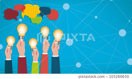 Sharing ideas. Hands with light bulbs. Communication and discussion community social network. Connection between groups of people or friends. People who communicate online via the web. Speech bubble 103260630