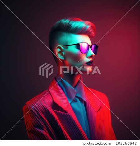 Portrait of fashion caucasian female model, in style of futurism fashion, red background 103260648