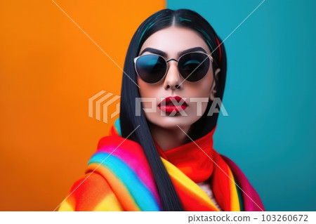 Portrait of fashion caucasian model, in style of futurism fashion, saturated color Portrait of fashion caucasian model, in style of futurism fashion, saturated color 103260672