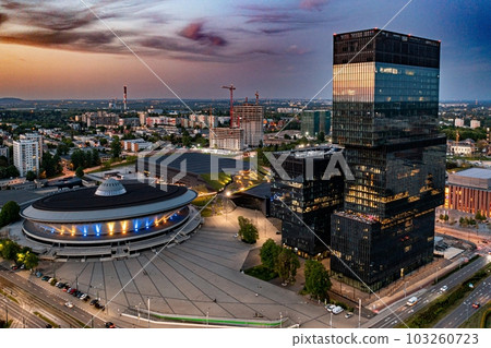 Katowice centre and office towers buildings and Spodek at evening 103260723