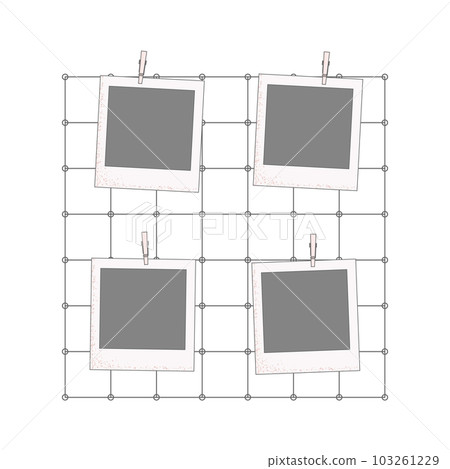 Metal wall grid photo template, display board. Square photo picture frames. Organizer memories, mood board in decor interior vector illustration. 103261229