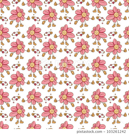 Seamless pattern in y2k style with chamomile character and safety pin. Cartoon flat color vector illustration. 103261242