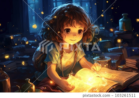 Anime Girl who discovers a magical book that gives the power of happyness, manga style illustration generative ai 103261511