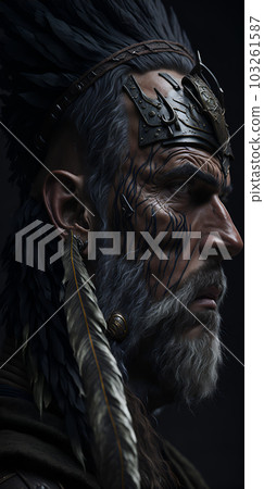 A Viking warrior, semi-profile, wrinkled face, bright brown eyes. Generate Ai. 103261587
