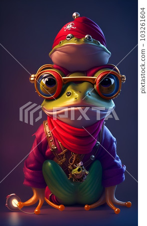 Anthropomorphic cute and adorable charming smiling pirate frog wearing glasses. Generate Ai. Anthropomorphic cute and adorable charming smiling pirate frog wearing glasses. Generate Ai. 103261604
