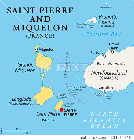 Saint Pierre and Miquelon, political map. Archipelago and self-governing territorial overseas collectivity of France in the North Atlantic Ocean, near Canadian province of Newfoundland and Labrador. 103261748