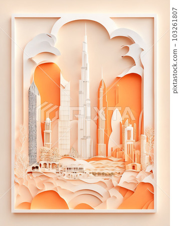 An intricate paper art style illustration of a Dubai, only Burj Khalifa. Generate Ai 103261807