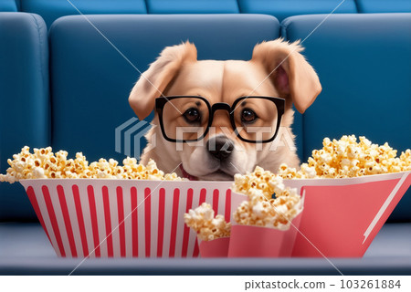 Cute dog watching a movie in cinema glasses. Generate Ai 103261884