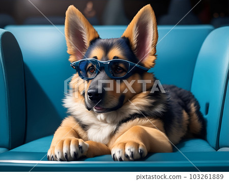 Cute shepherd dog watching a movie in cinema... - Stock ...