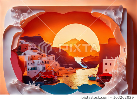 Santorini, Greece, sunset, paper art. Generate Ai Santorini, Greece, sunset, paper art. Generate Ai 103262029