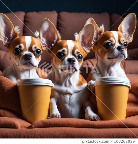 Three cute chihuahua with popcorn watching a movie in cinema. Generate Ai 103262059