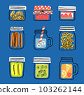 Hand drawn illustration mason jars set. Vector Seamless background pattern of glass food storage isolated on blue background. Container with cookies, jam, pickles, pasta, carrot, dessert, orange, etc. 103262144
