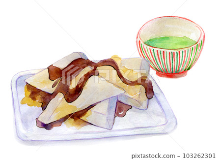一套茶和日本糖果 Kuzumochi 水彩插圖 103262301