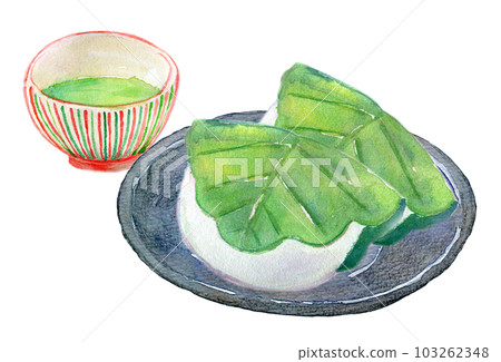 Set of tea and Japanese sweets Kashiwamochi watercolor illustration 103262348