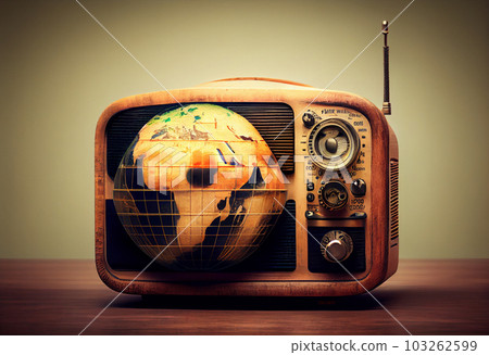 Vintage radio with planet earth. World radio day theme concept. Generate Ai. 103262599