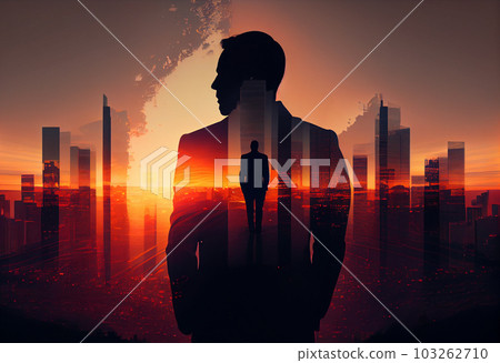 The double exposure image of the business man standing back during sunrise overlay with cityscape image. Generate Ai. 103262710