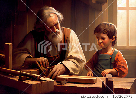 Saint Joseph of Nazareth teaches Jesus Christ about carpentry. Father's Day. Saint Joseph the Worker. Generate Ai. Saint Joseph of Nazareth teaches Jesus Christ about carpentry. Father's Day. Saint Joseph the Worker. Generate Ai. 103262775