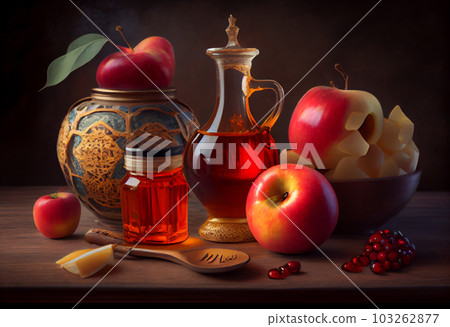 Rosh hashana jewish holiday concept - apples, honey, pomegranat . Generate Ai. Rosh hashana jewish holiday concept - apples, honey, pomegranat . Generate Ai. 103262877