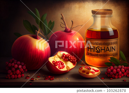 Rosh hashana jewish holiday concept - apples, honey, pomegranat . Generate Ai. Rosh hashana jewish holiday concept - apples, honey, pomegranat . Generate Ai. 103262878