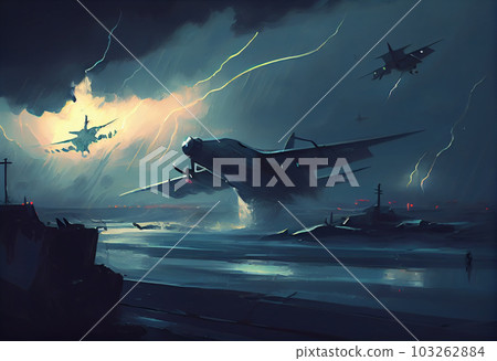 illustration painting of planes flying in the storm . Generate Ai. 103262884