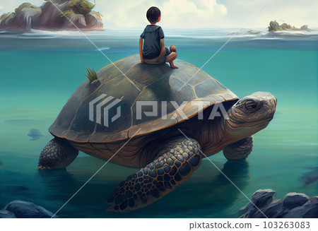 Boy Sitting on giant tortoise in the ocean, digital painting, ultra realistic. Generate Ai. 103263083