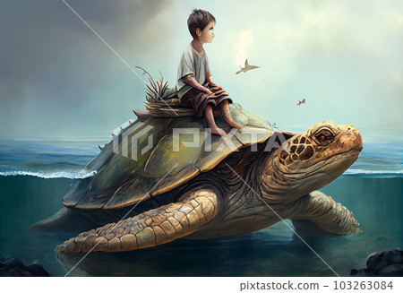 Boy Sitting on giant tortoise in the ocean, digital painting, ultra realistic. Generate Ai. 103263084