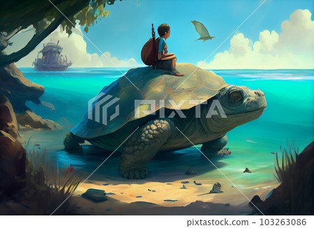Boy Sitting on giant tortoise in the ocean, digital painting, ultra realistic. Generate Ai. 103263086