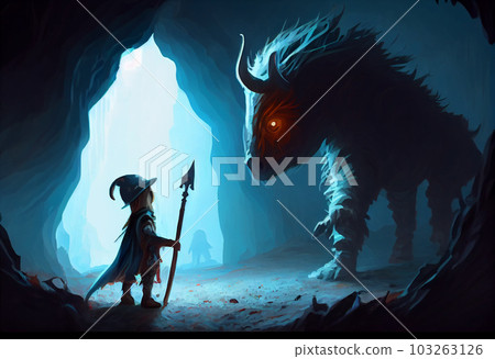 Horse monster looking at little hero with sword in the cave.. Generate Ai. 103263126