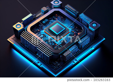 Futuristic blue neon microchip, data exchange and collection. Generate Ai. Futuristic blue neon microchip, data exchange and collection. Generate Ai. 103263163