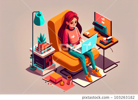 Girl with laptop sitting on the chair. Freelance or studying concept. Generate Ai. Girl with laptop sitting on the chair. Freelance or studying concept. Generate Ai. 103263182