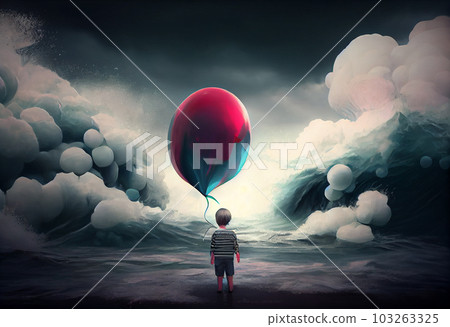 Digital illustration painting of child holding balloons standing in front of fantasy storm, sea. Generate Ai. 103263325