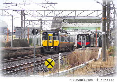 特快列車與普通列車在單線車站交會的場景(插畫風格) 特快列車與普通列車在單線車站交會的場景(插畫風格) 103263538