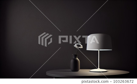 Beautiful minimalistic presentation background with a table and a white lamp against a black textured wall. Generate Ai. 103263672