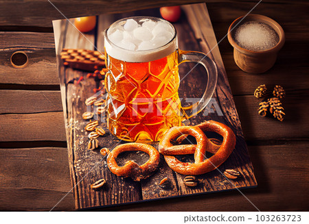 Beer and Pretzel on wooden background, Oktoberfest. Generate Ai. 103263723