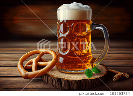 Beer and Pretzel on wooden background, Oktoberfest. Generate Ai. 103263724