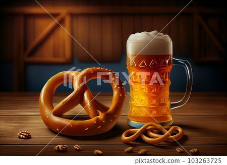 Beer and Pretzel on wooden background, Oktoberfest. Generate Ai. 103263725