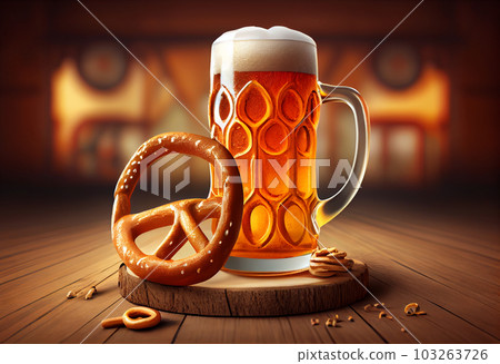 Beer and Pretzel on wooden background, Oktoberfest. Generate Ai. 103263726