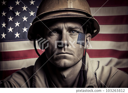 A serious worker man and american flag. Generate Ai. 103263812