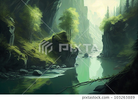 A Dreamy green River Illustration hand drawn . Generate Ai. A Dreamy green River Illustration hand drawn . Generate Ai. 103263889