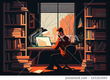 A freelancer man works behind a laptop. Home office workplace. Generate Ai. A freelancer man works behind a laptop. Home office workplace. Generate Ai. 103263893
